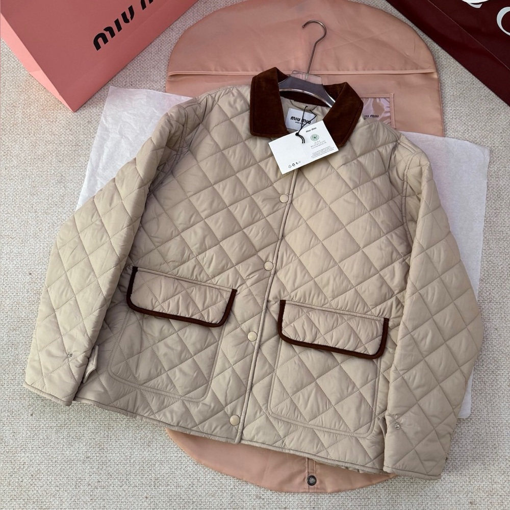 MIU MIU contrast color lapel diamond down cotton jacket